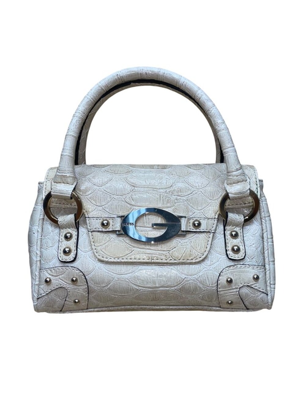 Vintage Guess Women’s Beige Faux Leather Croc Embossed G Logo Y2K Satchel Bag